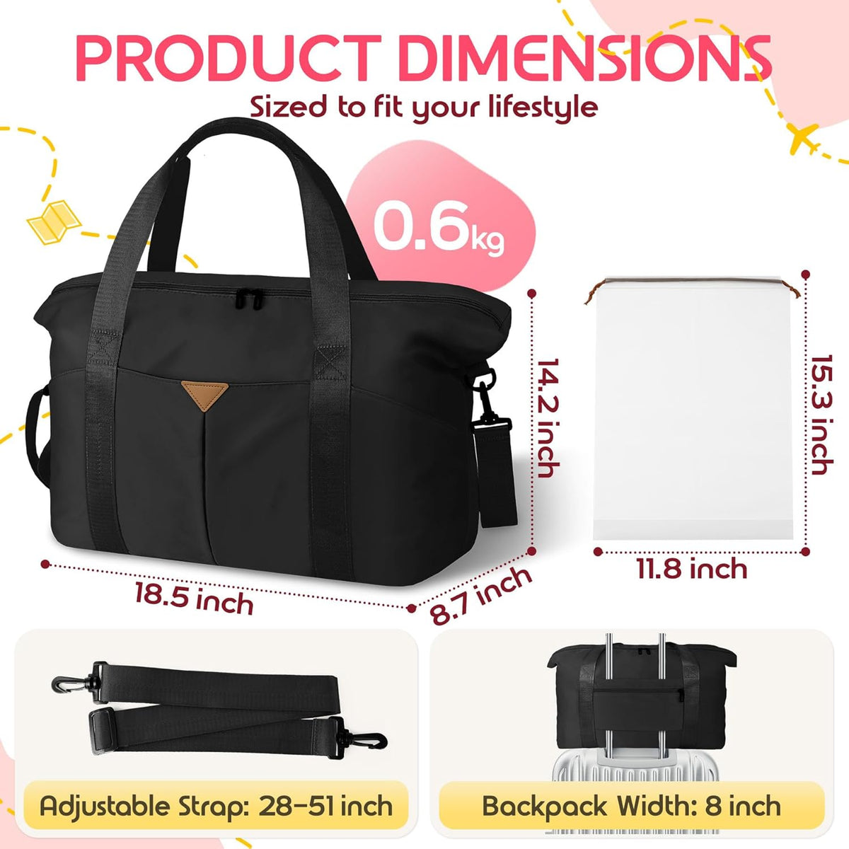 Duffle Bag for Travel with Trolley Sleeve, Gym Bag, Pink