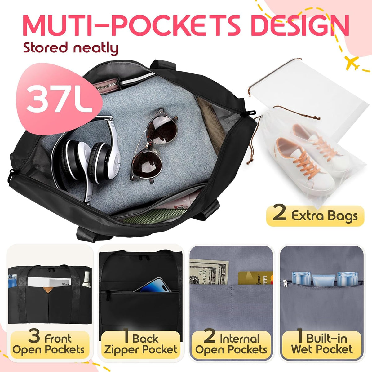 Duffle Bag for Travel with Trolley Sleeve, Gym Bag, Pink