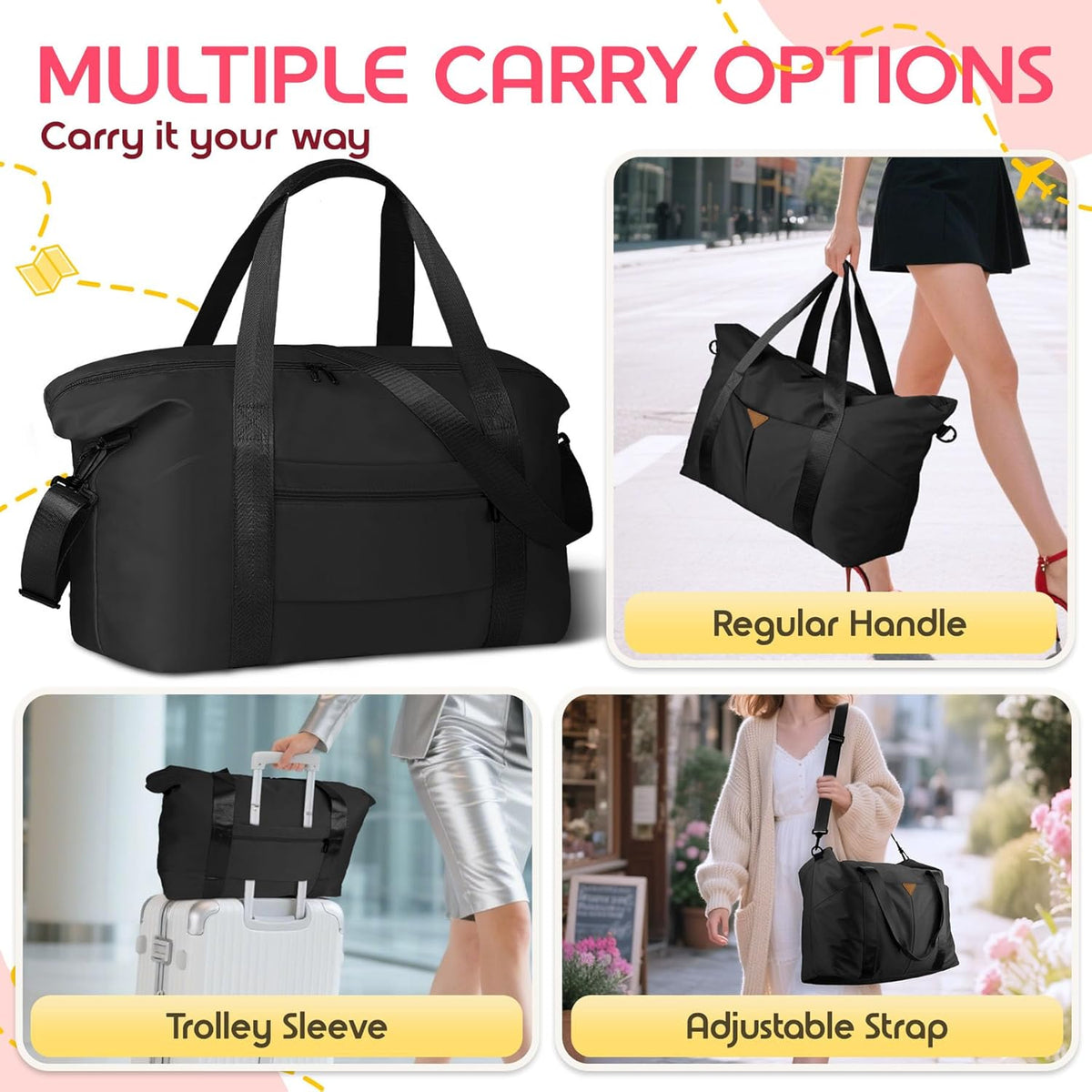 Duffle Bag for Travel with Trolley Sleeve, Gym Bag, Pink