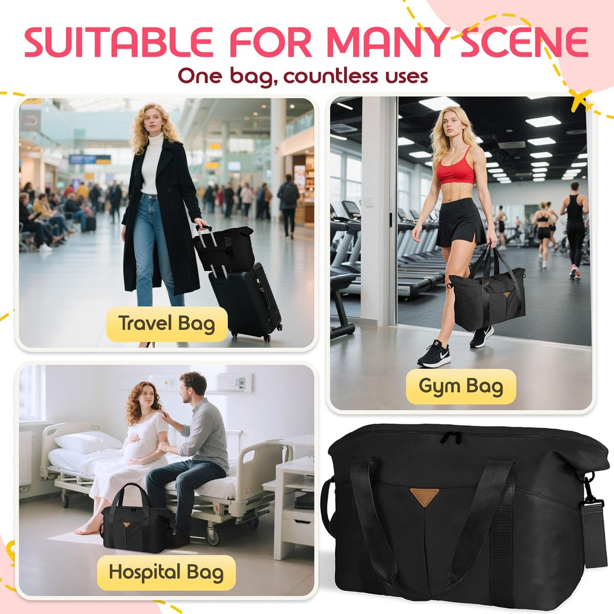 Duffle Bag for Travel with Trolley Sleeve, Gym Bag, Pink