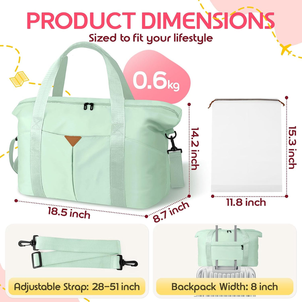 Duffle Bag for Travel with Trolley Sleeve, Gym Bag, Pink