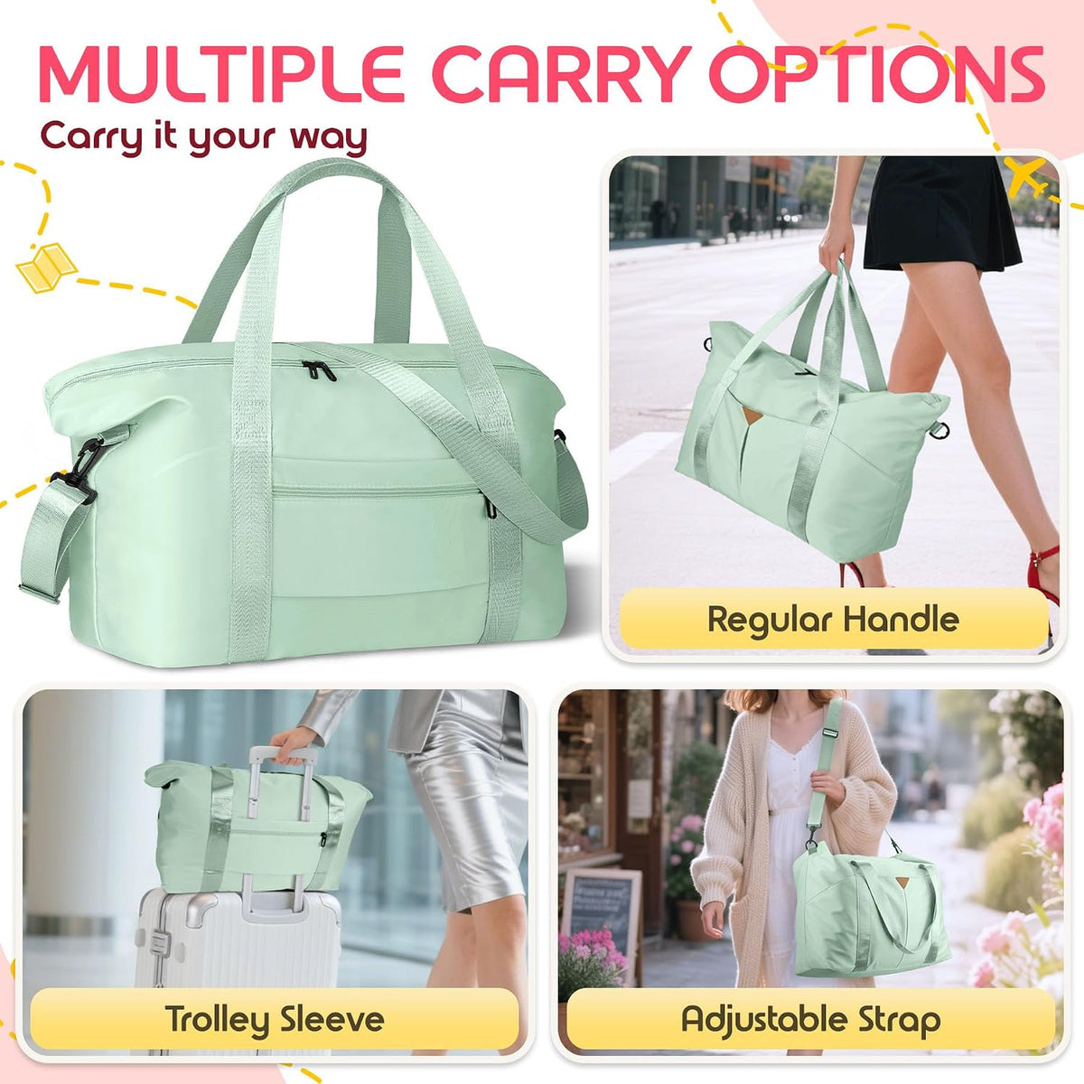 Duffle Bag for Travel with Trolley Sleeve, Gym Bag, Pink