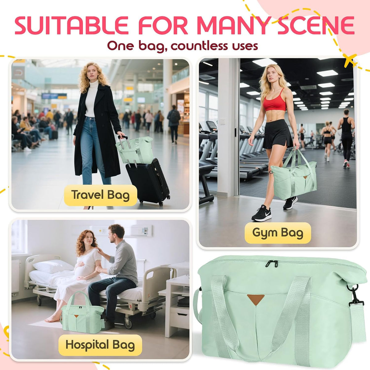 Duffle Bag for Travel with Trolley Sleeve, Gym Bag, Pink