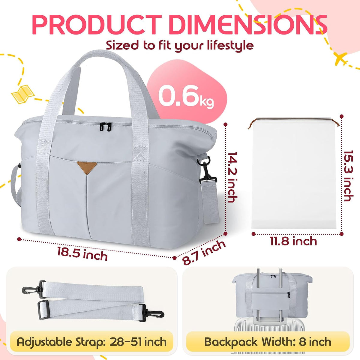 Duffle Bag for Travel with Trolley Sleeve, Gym Bag, Pink