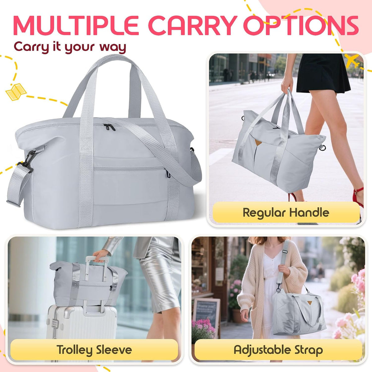 Duffle Bag for Travel with Trolley Sleeve, Gym Bag, Pink