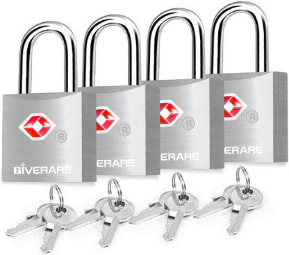 4 Pack TSA Approved Travel Luggage Locks with Keys, Aluminum Alloy Keyed Padlock, Small Metal Suitcase Lock, Weatherproof Padlocks for Backpack, Gym Locker, Bag, Case, Jewelry Box, Anti Theft-Silver