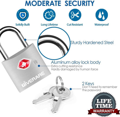 4 Pack TSA Approved Travel Luggage Locks with Keys, Aluminum Alloy Keyed Padlock, Small Metal Suitcase Lock, Weatherproof Padlocks for Backpack, Gym Locker, Bag, Case, Jewelry Box, Anti Theft-Silver
