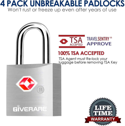 4 Pack TSA Approved Travel Luggage Locks with Keys, Aluminum Alloy Keyed Padlock, Small Metal Suitcase Lock, Weatherproof Padlocks for Backpack, Gym Locker, Bag, Case, Jewelry Box, Anti Theft-Silver