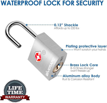 4 Pack TSA Approved Travel Luggage Locks with Keys, Aluminum Alloy Keyed Padlock, Small Metal Suitcase Lock, Weatherproof Padlocks for Backpack, Gym Locker, Bag, Case, Jewelry Box, Anti Theft-Silver
