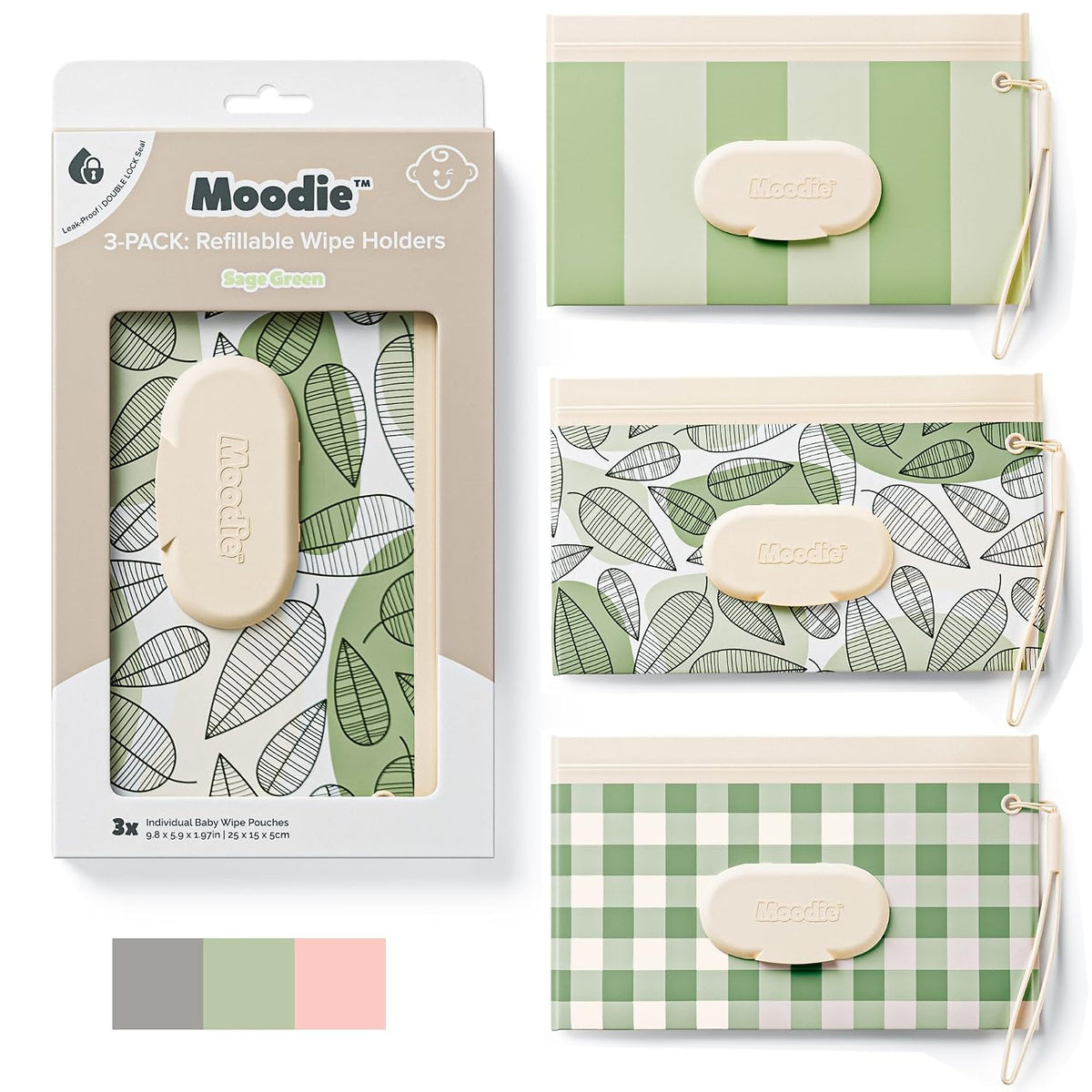3PACK Baby Wipes Holder | Refillable Wipes Container w/DOUBLE-LOCK SEAL |Travel Wipe Case | Portable Wipe Dispenser | Reusable Wipes Pouch (Sage Green, 3 PACK)