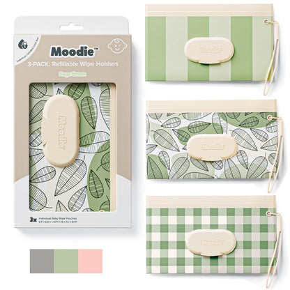3PACK Baby Wipes Holder | Refillable Wipes Container w/DOUBLE-LOCK SEAL |Travel Wipe Case | Portable Wipe Dispenser | Reusable Wipes Pouch (Sage Green, 3 PACK)