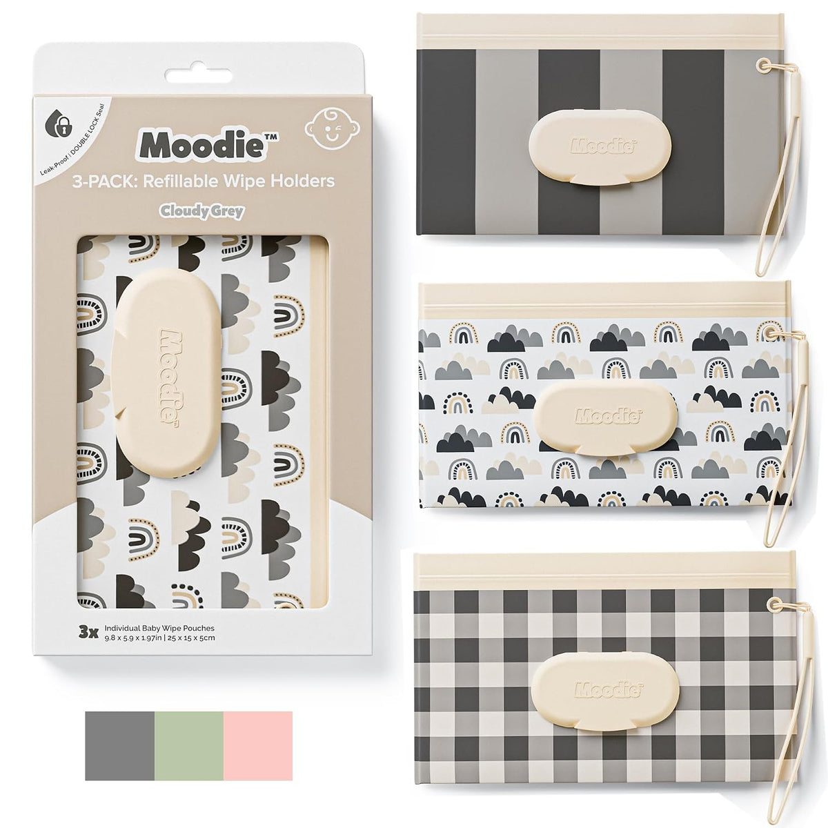 3PACK Baby Wipes Holder | Refillable Wipes Container w/DOUBLE-LOCK SEAL |Travel Wipe Case | Portable Wipe Dispenser | Reusable Wipes Pouch (Sage Green, 3 PACK)