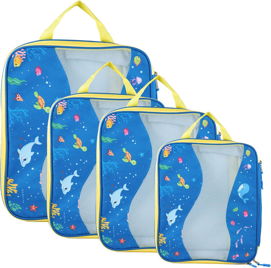 Kids Packing Cubes Compression, Luggage Packing Organization Cubes 4 Pack, Blue, 1 Small, 2 Medium, 1 Large, ocean blue