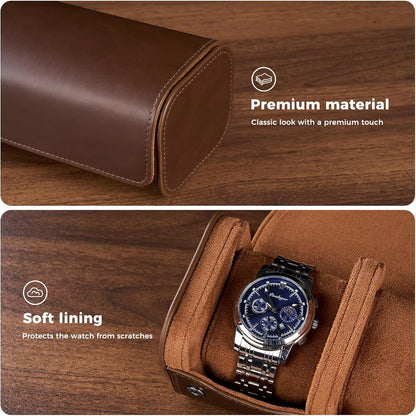 Watch Travel Case, 2 Slot PU Leather Watch Roll Box for Men, Brown