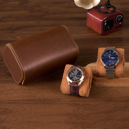 Watch Travel Case, 2 Slot PU Leather Watch Roll Box for Men, Brown