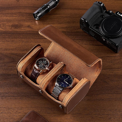 Watch Travel Case, 2 Slot PU Leather Watch Roll Box for Men, Brown