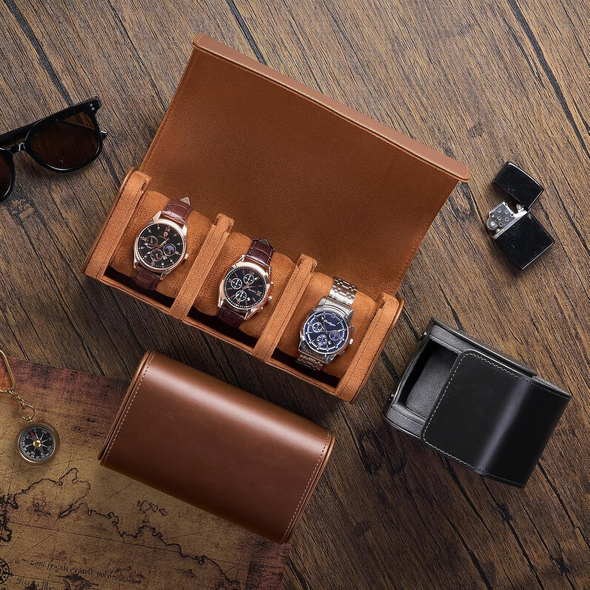 Watch Travel Case, 2 Slot PU Leather Watch Roll Box for Men, Brown