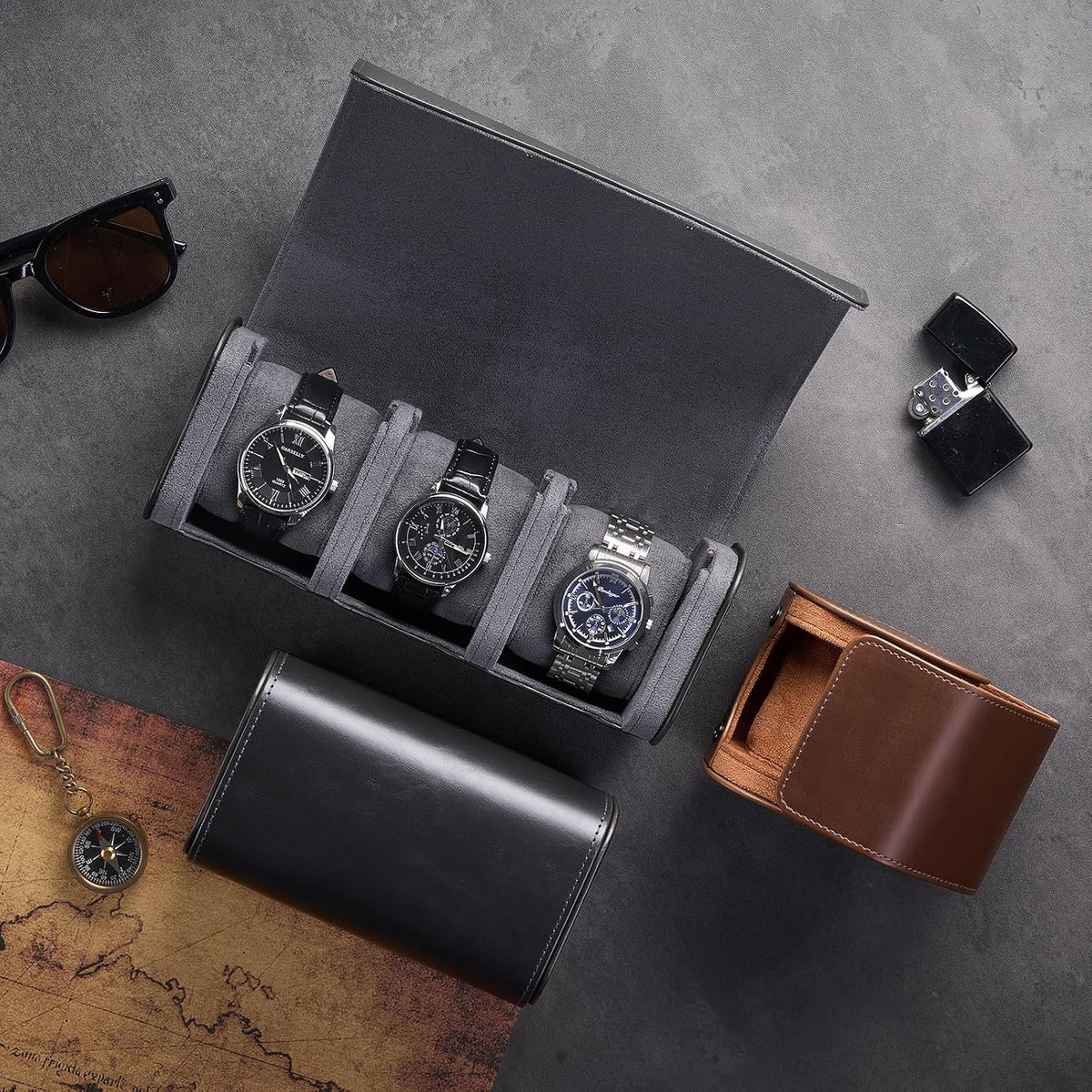 Watch Travel Case, 2 Slot PU Leather Watch Roll Box for Men, Brown