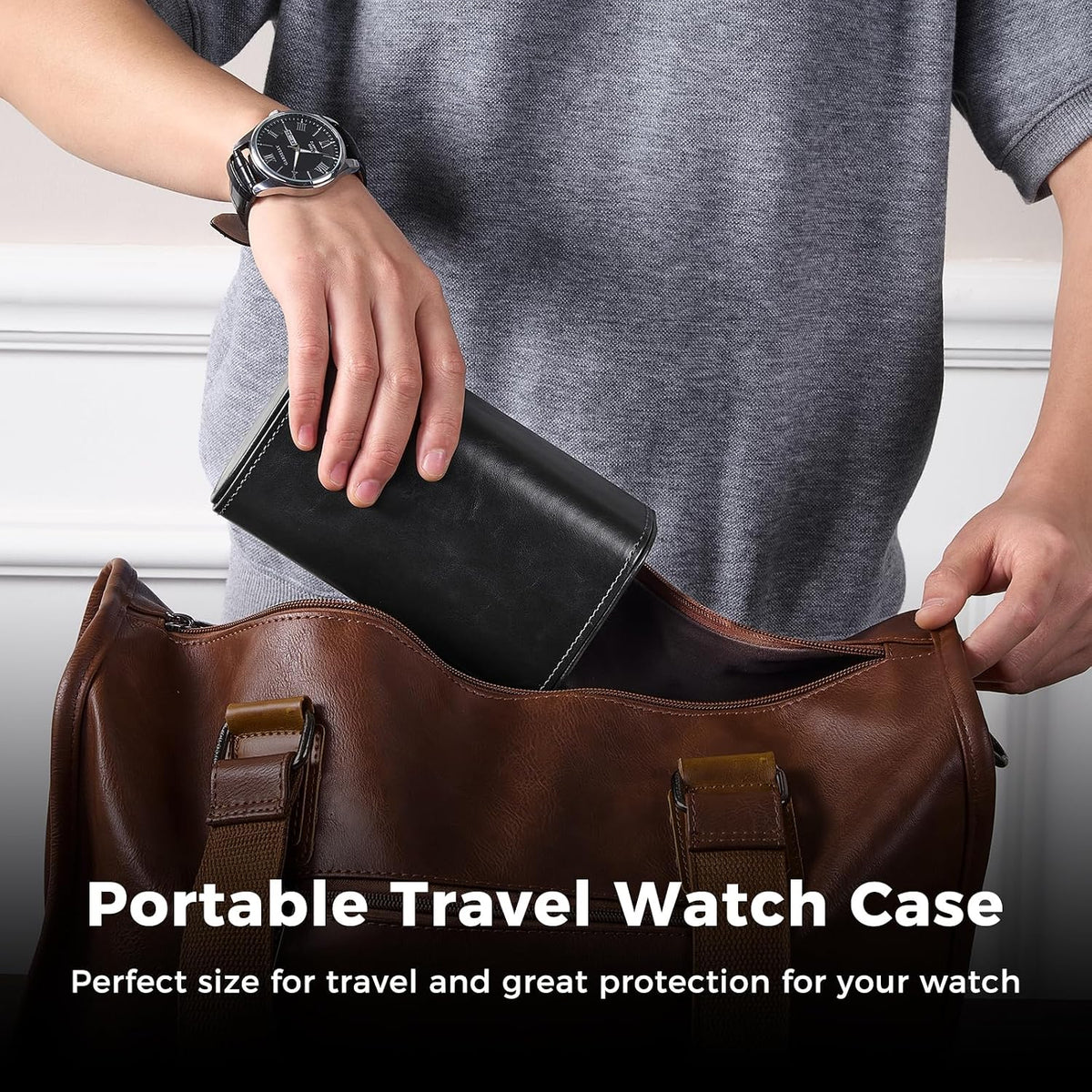 Watch Travel Case, 2 Slot PU Leather Watch Roll Box for Men, Brown