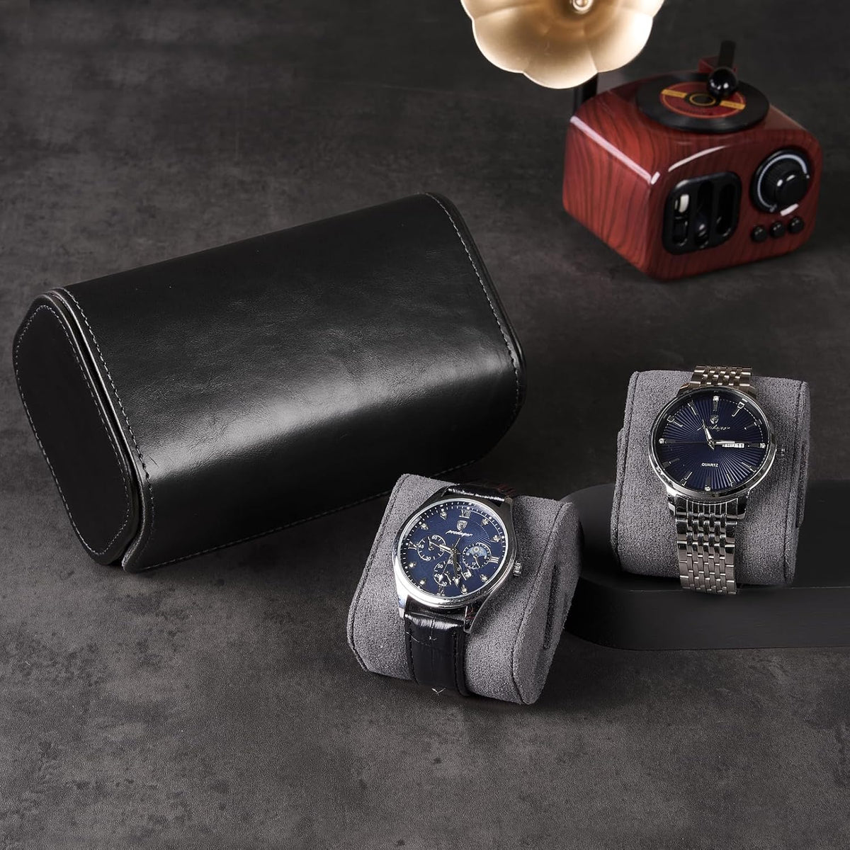 Watch Travel Case, 2 Slot PU Leather Watch Roll Box for Men, Brown