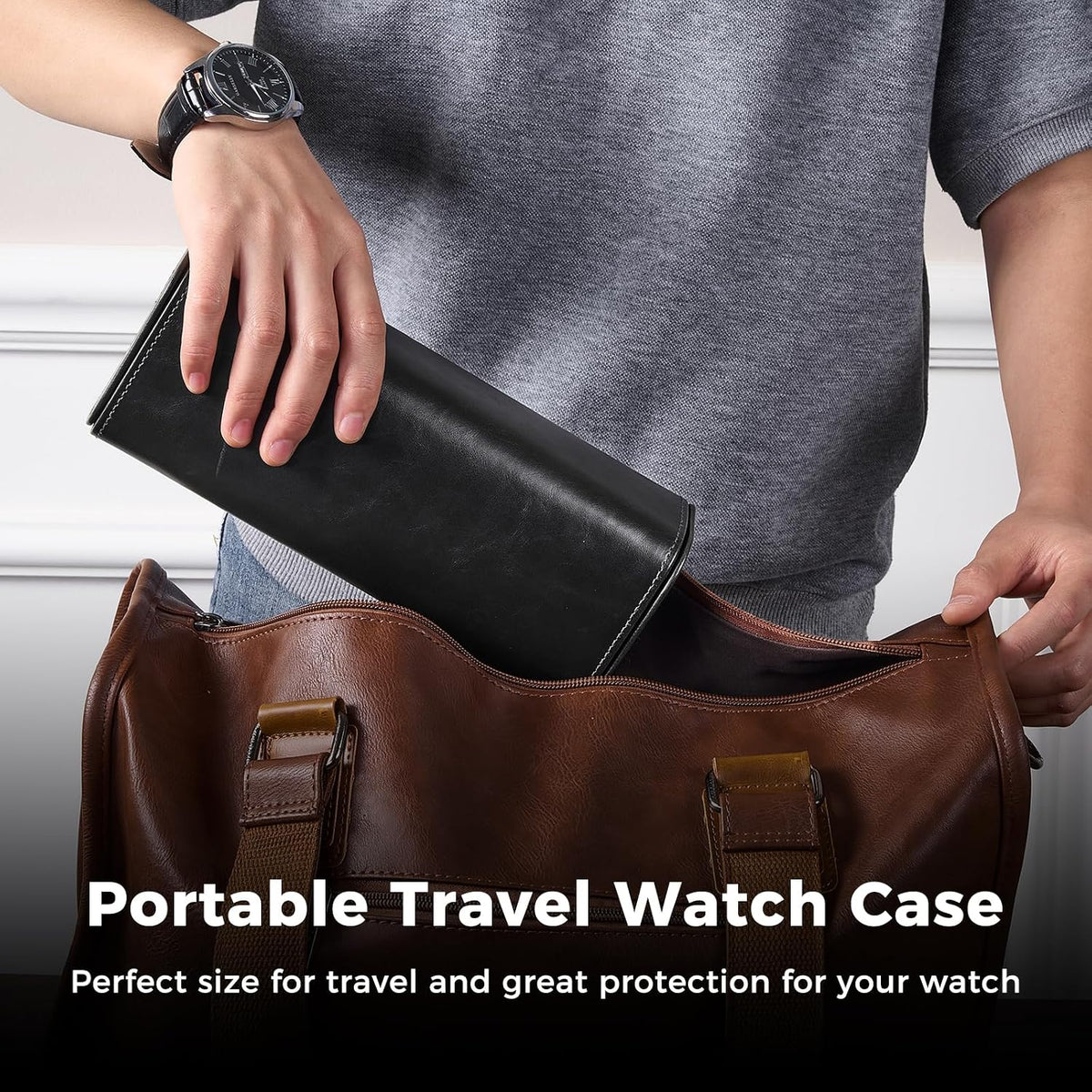 Watch Travel Case, 2 Slot PU Leather Watch Roll Box for Men, Brown