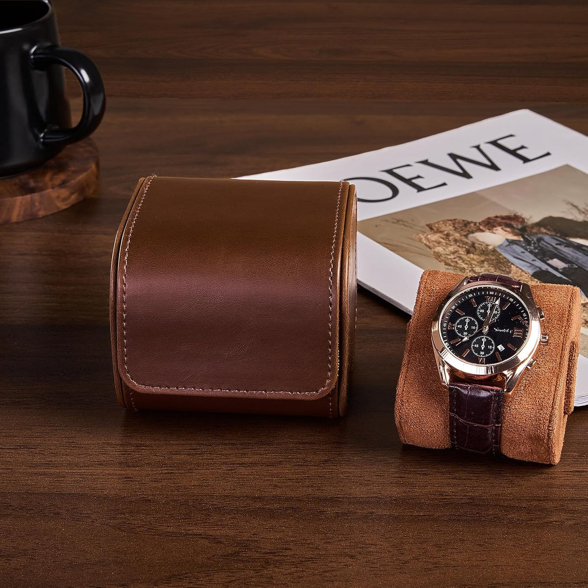Watch Travel Case, 2 Slot PU Leather Watch Roll Box for Men, Brown