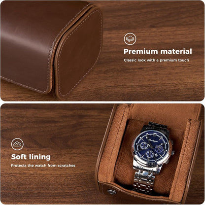 Watch Travel Case, 2 Slot PU Leather Watch Roll Box for Men, Brown