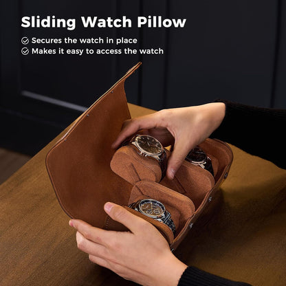 Watch Travel Case, 2 Slot PU Leather Watch Roll Box for Men, Brown
