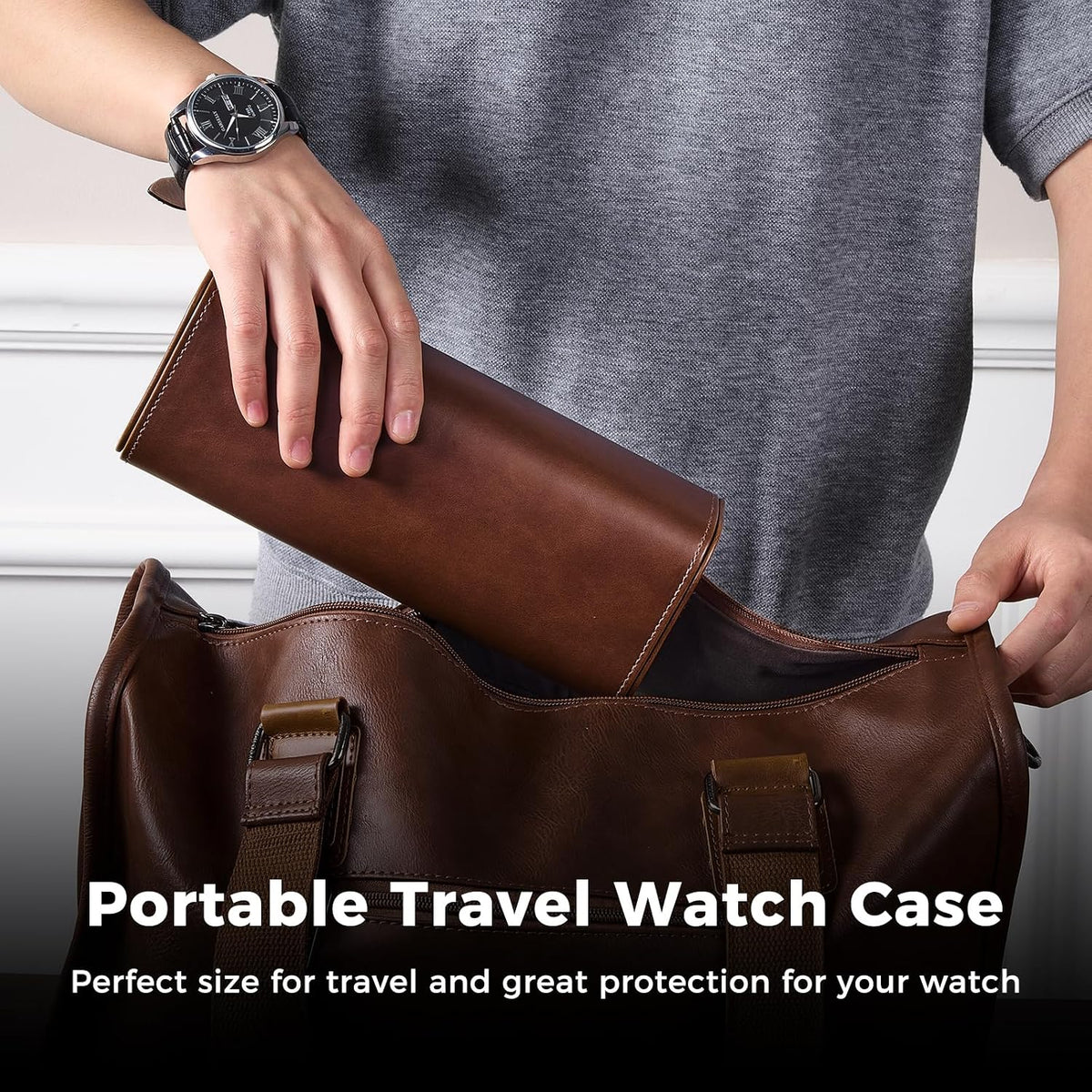 Watch Travel Case, 2 Slot PU Leather Watch Roll Box for Men, Brown