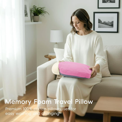 4-in-1 Travel Pillow & Blanket Set with Eye Mask, Memory Foam Neck Support, 50x65 Inch Blanket, Storage Bag for Airplane, Car, Train, Home Travel Pink