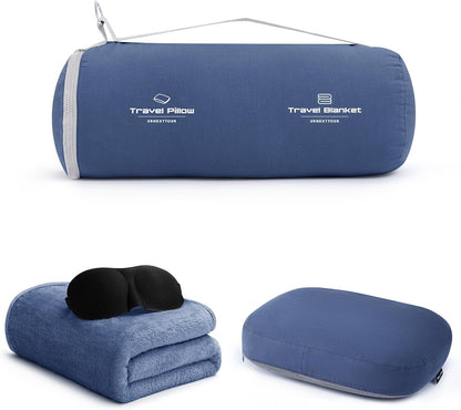 4-in-1 Travel Pillow & Blanket Set with Eye Mask, Memory Foam Neck Support, 50x65 Inch Blanket, Storage Bag for Airplane, Car, Train, Home Travel Pink