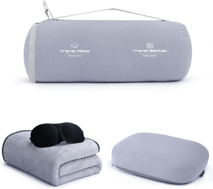 4-in-1 Travel Pillow & Blanket Set with Eye Mask, Memory Foam Neck Support, 50x65 Inch Blanket, Storage Bag for Airplane, Car, Train, Home Travel Pink