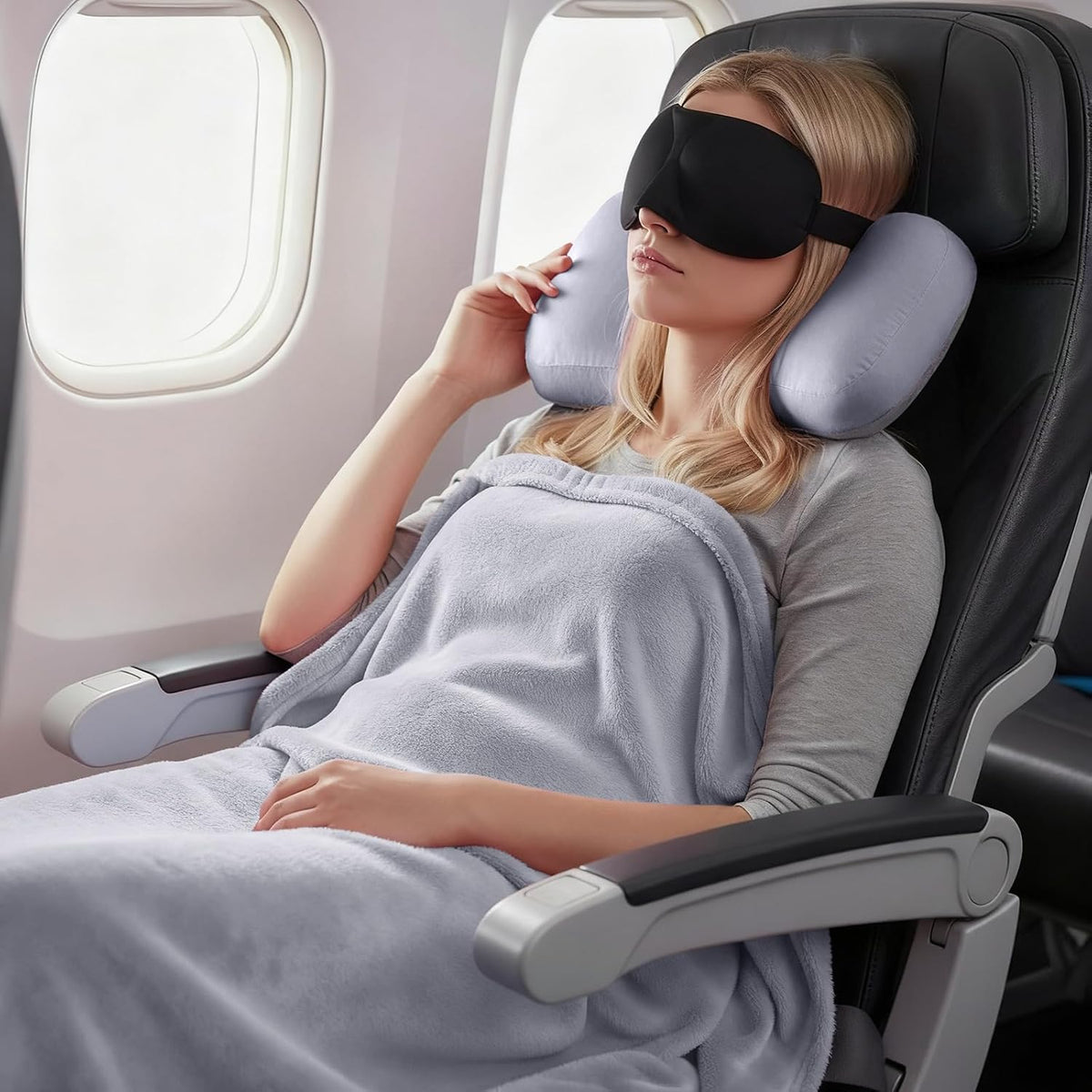 4-in-1 Travel Pillow & Blanket Set with Eye Mask, Memory Foam Neck Support, 50x65 Inch Blanket, Storage Bag for Airplane, Car, Train, Home Travel Pink