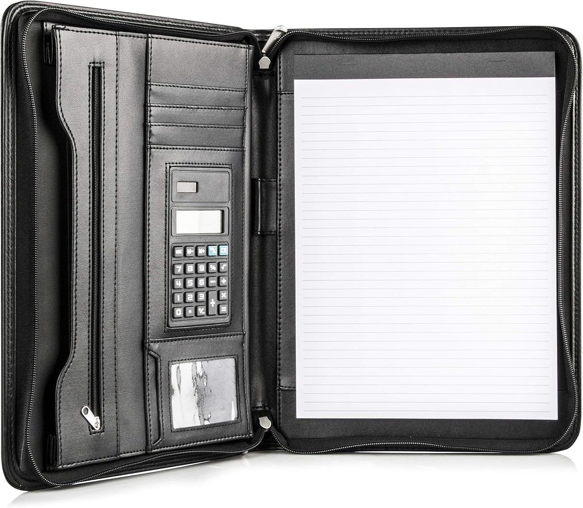 Black Superior Vegan Leather Business Portfolio with Zipper – Padfolio All-in-One. Smartest Protective 10.1 Inch Tablet Sleeve, Presentation Slot, Solar Calculator, Card Storage, Writing Pad