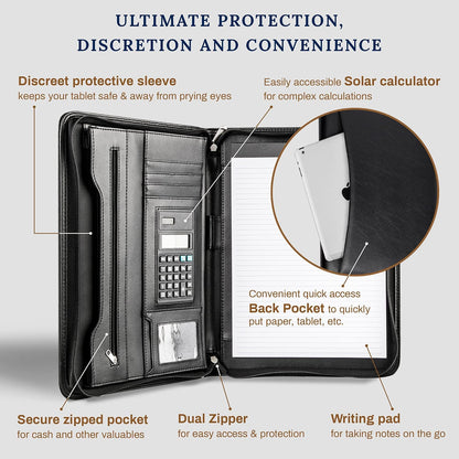 Black Superior Vegan Leather Business Portfolio with Zipper – Padfolio All-in-One. Smartest Protective 10.1 Inch Tablet Sleeve, Presentation Slot, Solar Calculator, Card Storage, Writing Pad