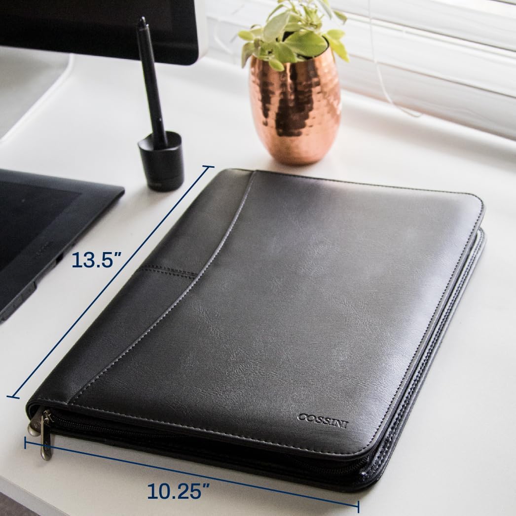 Black Superior Vegan Leather Business Portfolio with Zipper – Padfolio All-in-One. Smartest Protective 10.1 Inch Tablet Sleeve, Presentation Slot, Solar Calculator, Card Storage, Writing Pad
