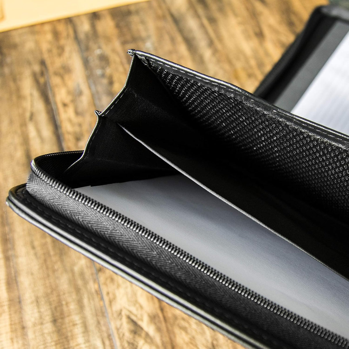 Black Superior Vegan Leather Business Portfolio with Zipper – Padfolio All-in-One. Smartest Protective 10.1 Inch Tablet Sleeve, Presentation Slot, Solar Calculator, Card Storage, Writing Pad