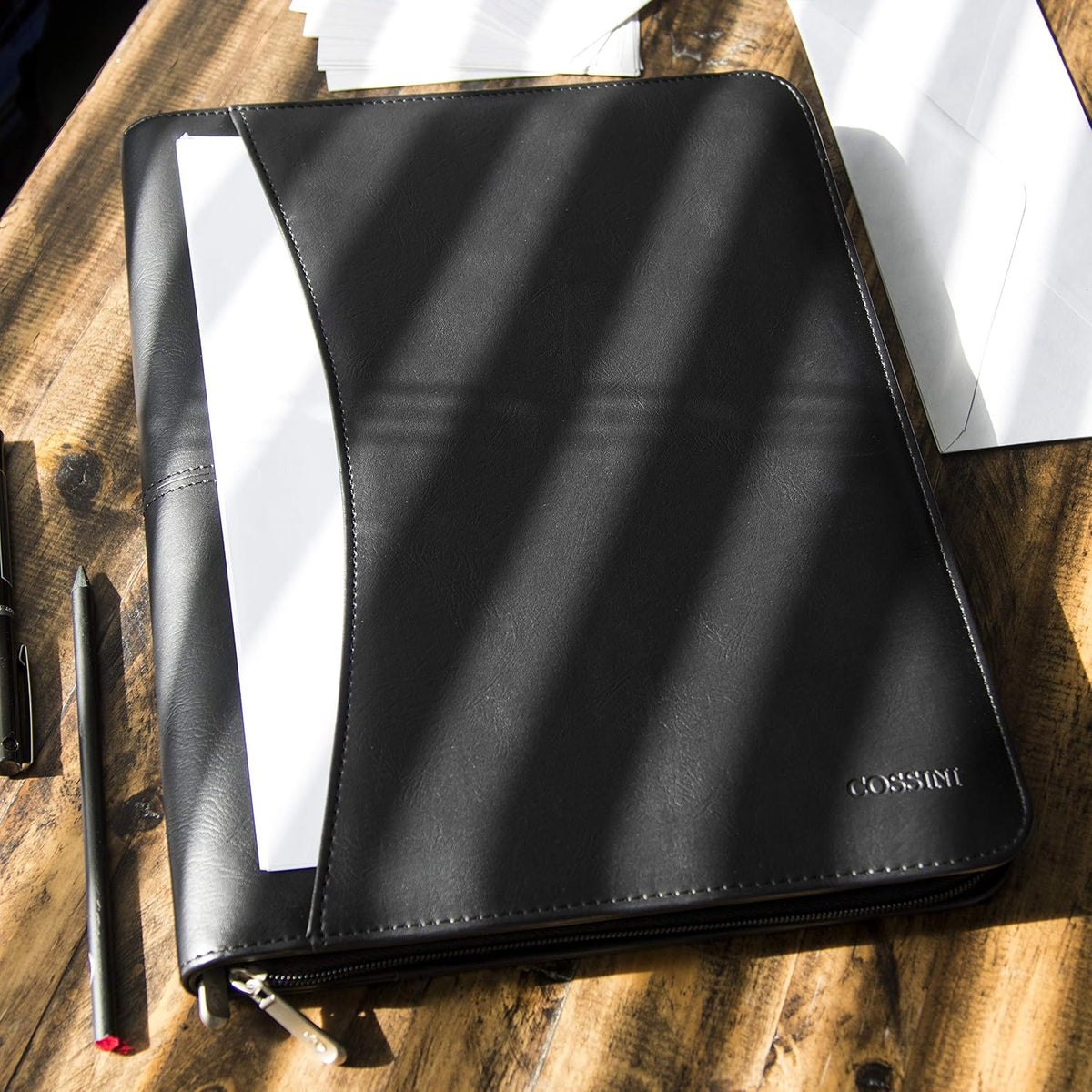 Black Superior Vegan Leather Business Portfolio with Zipper – Padfolio All-in-One. Smartest Protective 10.1 Inch Tablet Sleeve, Presentation Slot, Solar Calculator, Card Storage, Writing Pad