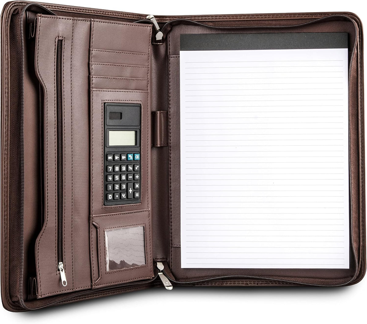 Black Superior Vegan Leather Business Portfolio with Zipper – Padfolio All-in-One. Smartest Protective 10.1 Inch Tablet Sleeve, Presentation Slot, Solar Calculator, Card Storage, Writing Pad
