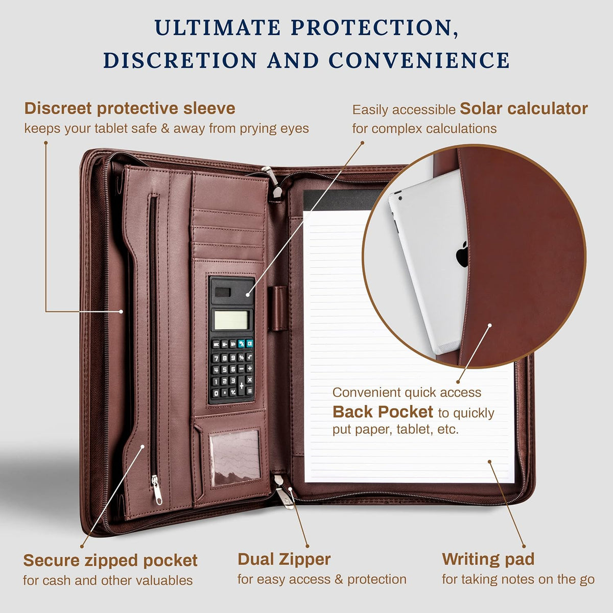 Black Superior Vegan Leather Business Portfolio with Zipper – Padfolio All-in-One. Smartest Protective 10.1 Inch Tablet Sleeve, Presentation Slot, Solar Calculator, Card Storage, Writing Pad