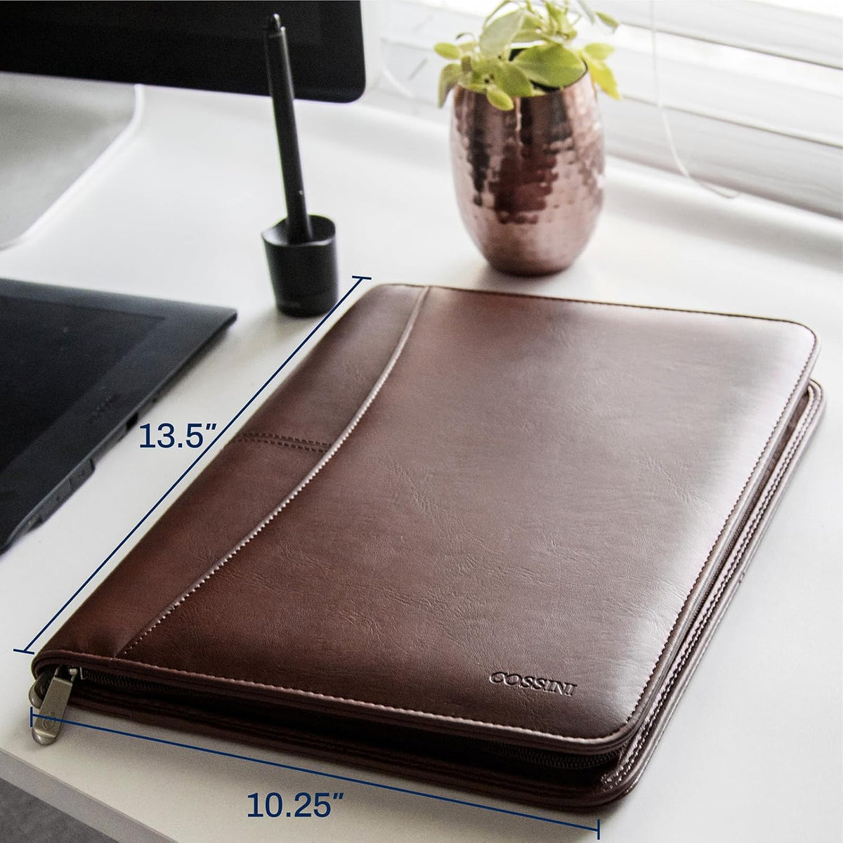 Black Superior Vegan Leather Business Portfolio with Zipper – Padfolio All-in-One. Smartest Protective 10.1 Inch Tablet Sleeve, Presentation Slot, Solar Calculator, Card Storage, Writing Pad