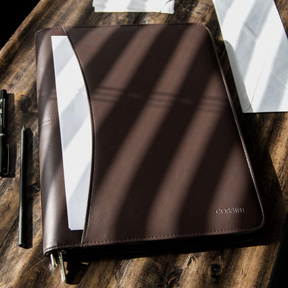 Black Superior Vegan Leather Business Portfolio with Zipper – Padfolio All-in-One. Smartest Protective 10.1 Inch Tablet Sleeve, Presentation Slot, Solar Calculator, Card Storage, Writing Pad
