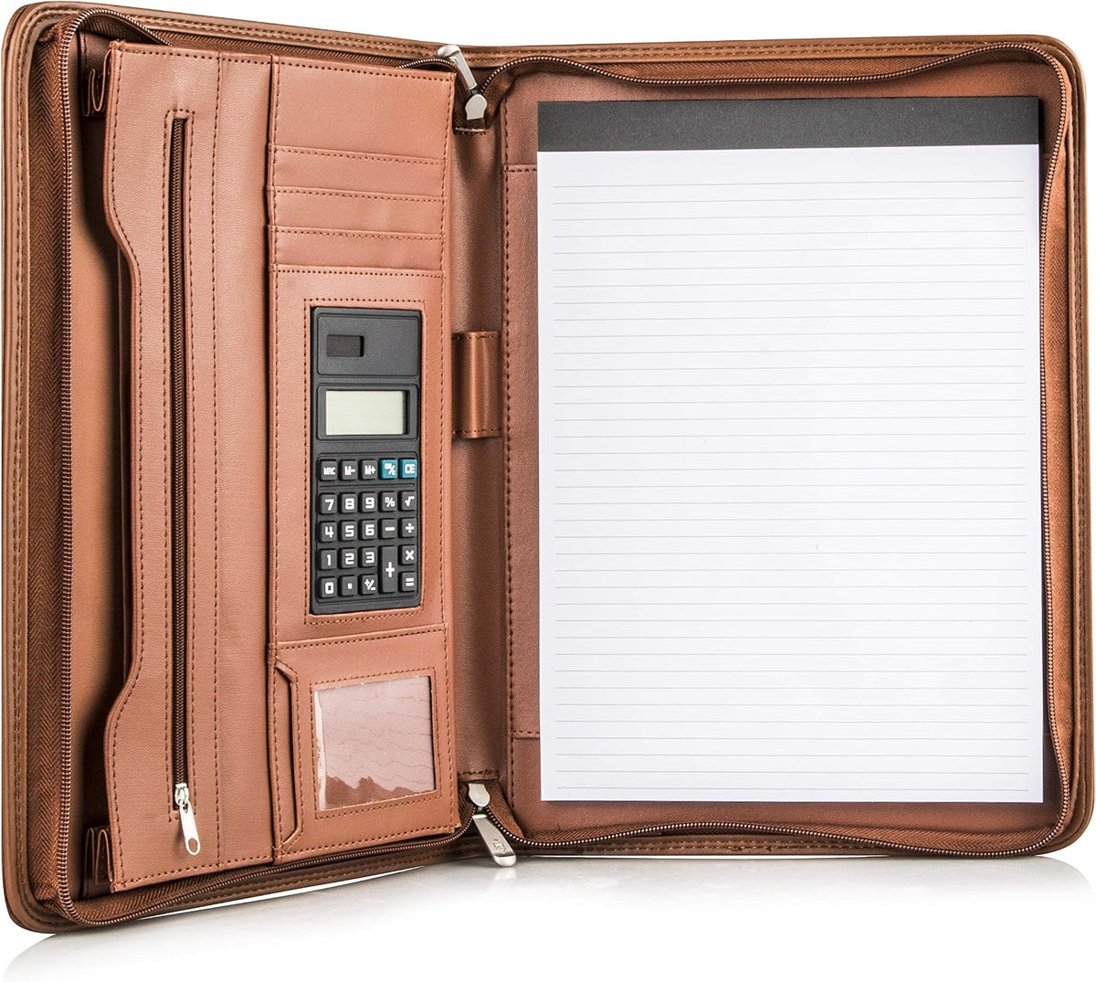 Black Superior Vegan Leather Business Portfolio with Zipper – Padfolio All-in-One. Smartest Protective 10.1 Inch Tablet Sleeve, Presentation Slot, Solar Calculator, Card Storage, Writing Pad