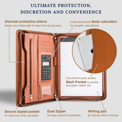 Black Superior Vegan Leather Business Portfolio with Zipper – Padfolio All-in-One. Smartest Protective 10.1 Inch Tablet Sleeve, Presentation Slot, Solar Calculator, Card Storage, Writing Pad