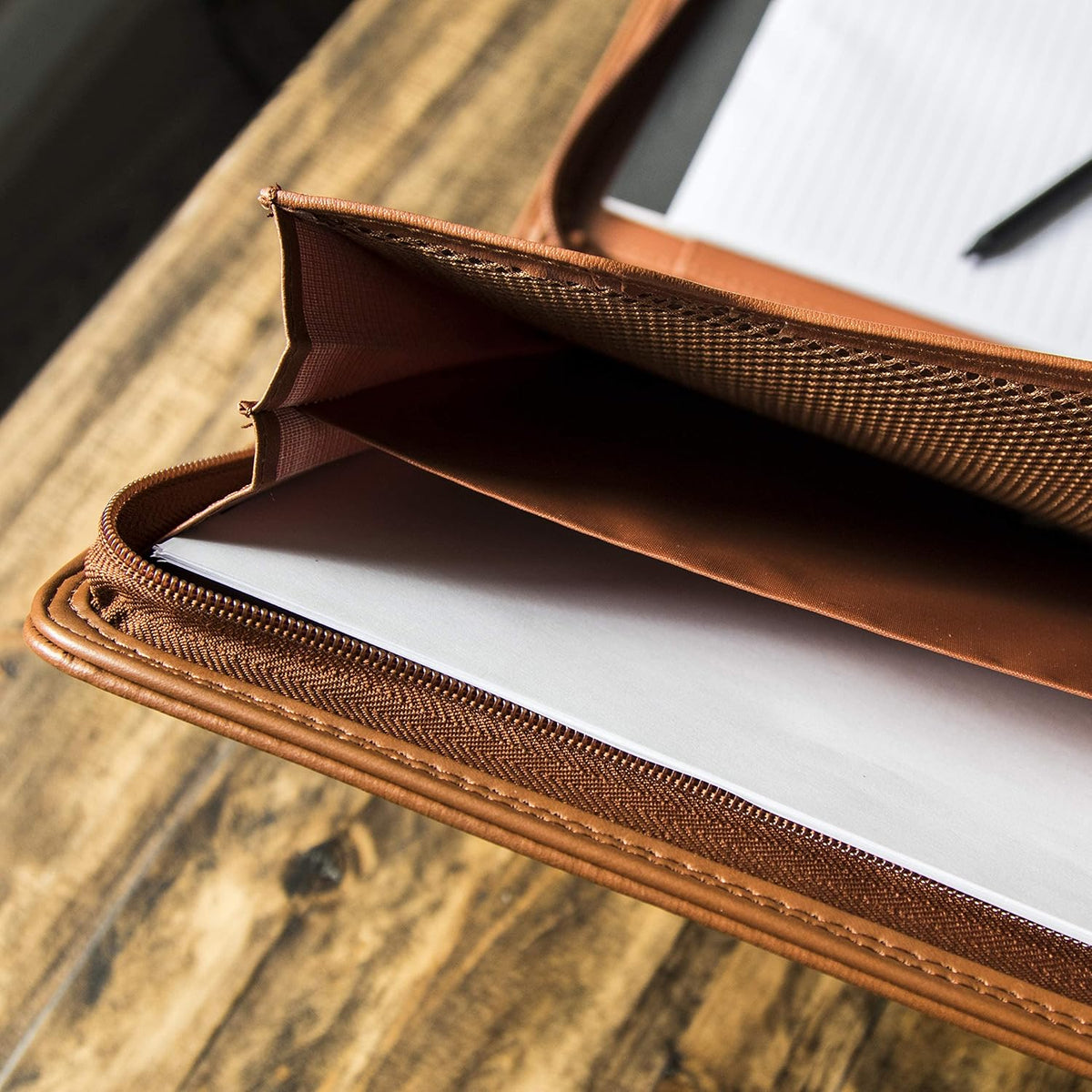 Black Superior Vegan Leather Business Portfolio with Zipper – Padfolio All-in-One. Smartest Protective 10.1 Inch Tablet Sleeve, Presentation Slot, Solar Calculator, Card Storage, Writing Pad
