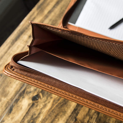Black Superior Vegan Leather Business Portfolio with Zipper – Padfolio All-in-One. Smartest Protective 10.1 Inch Tablet Sleeve, Presentation Slot, Solar Calculator, Card Storage, Writing Pad