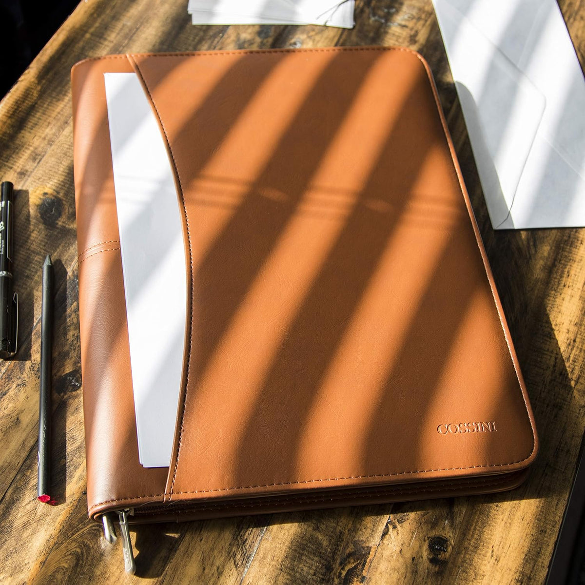 Black Superior Vegan Leather Business Portfolio with Zipper – Padfolio All-in-One. Smartest Protective 10.1 Inch Tablet Sleeve, Presentation Slot, Solar Calculator, Card Storage, Writing Pad