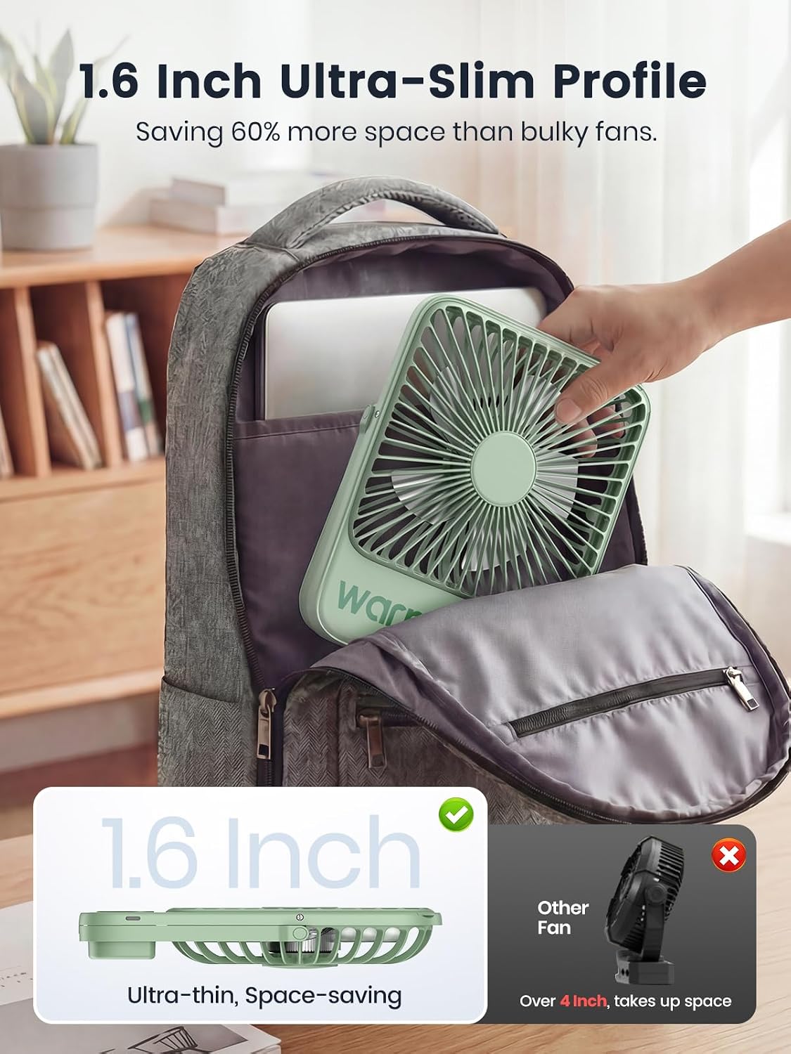 Warmco D3 Portable Travel Fan 10000mAh, Ultra-Slim, 10-24H Battery Life