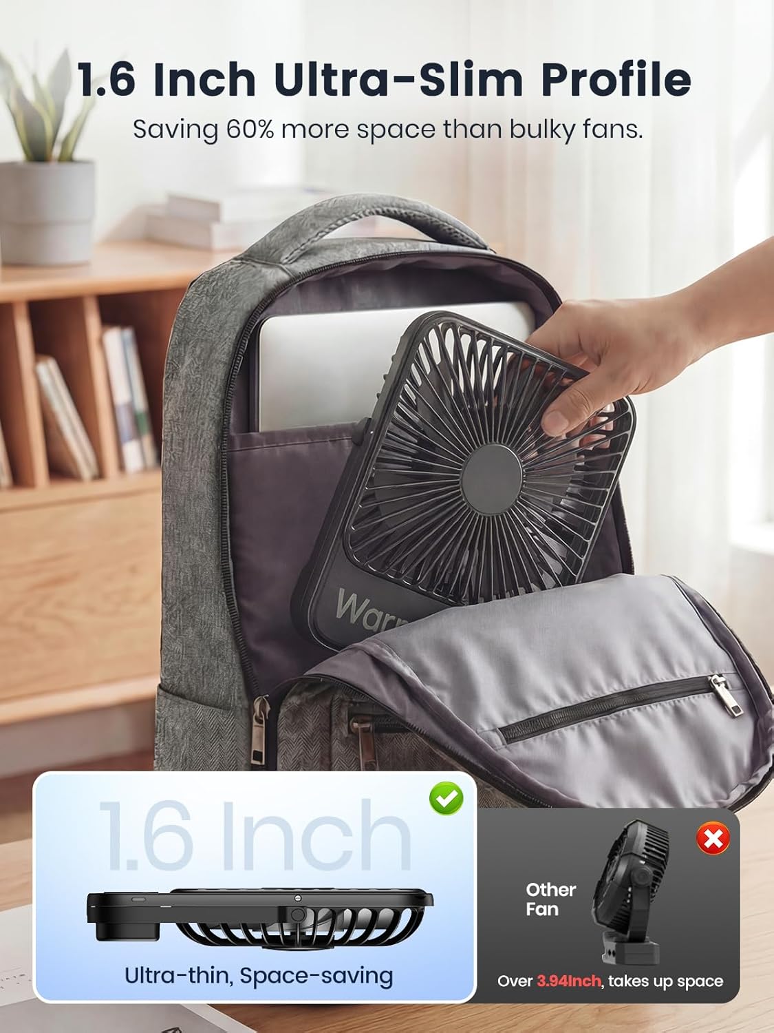 Warmco D3 Portable Travel Fan 10000mAh, Ultra-Slim, 10-24H Battery Life