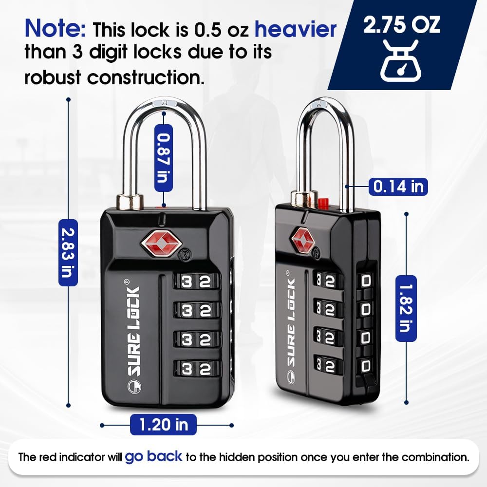 SURE LOCK TSA Approved 4-Digit Resettable Combination Luggage Lock with Open Alert, Easy-Read Dials - for Luggage, School Lockers, Gym, Office, Toolbox & Security Cases (Black 1 Pack)
